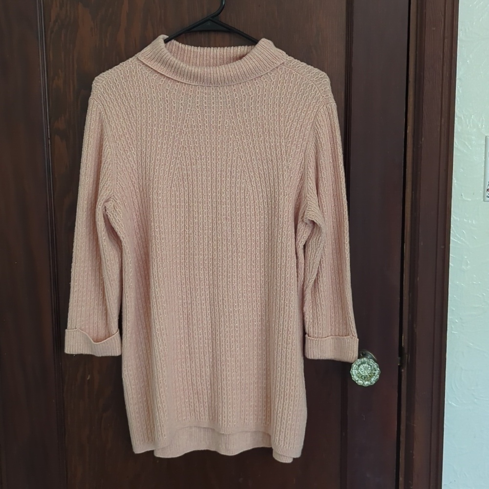 Lands' End Pink Knit Mock Neck Longer Length 3/4 Sleeve Sweater Size MP